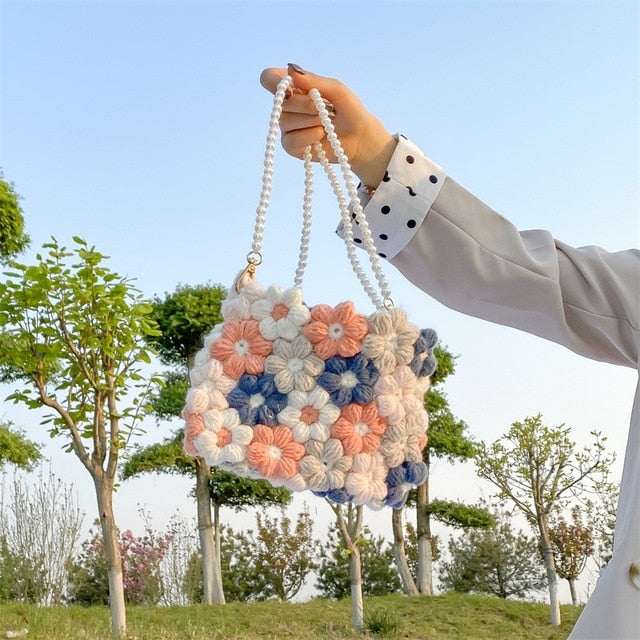 Hand woven woolen bag with puff flowers - LiveTrendsX