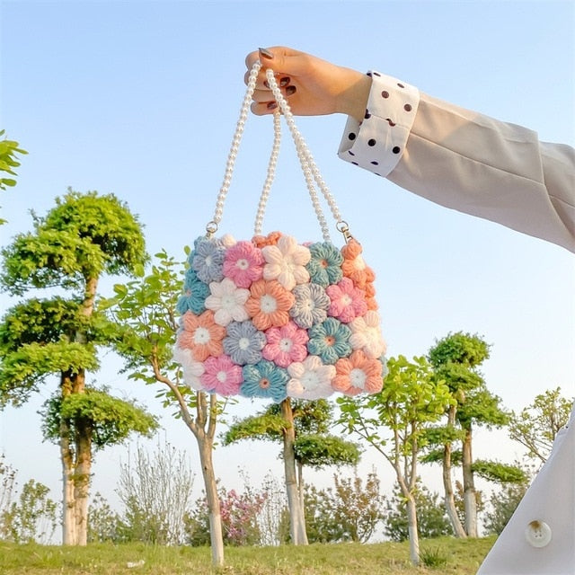 Hand woven woolen bag with puff flowers - LiveTrendsX