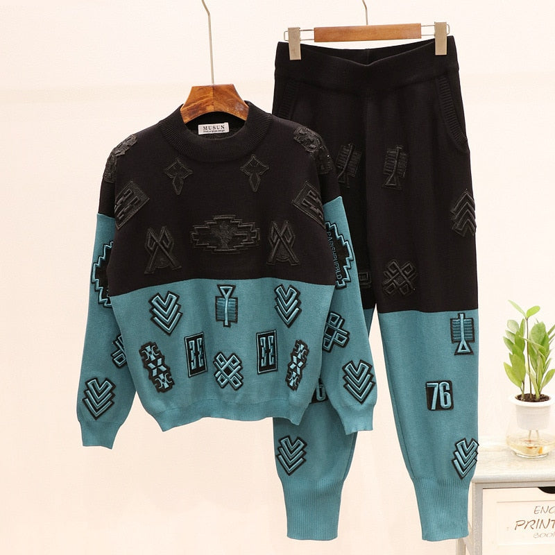 Fashion Woman Tracksuit Autumn Winter Two Piece Set Matching Knitted Suit Women Embroidery Long Sleeve Knit Top And Pants - LiveTrendsX