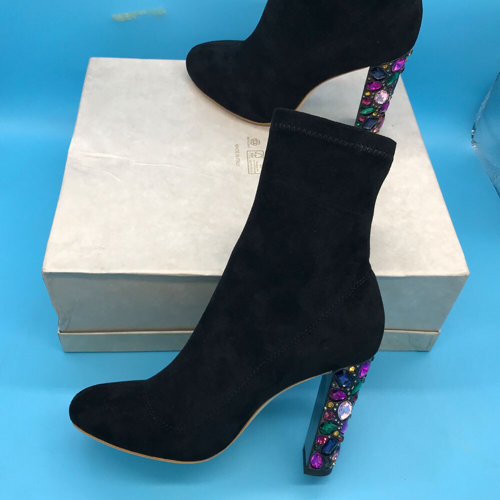 Faux Suede Women High Heel Boots Crystal Heel Design Mid Cut Ankle Boots Colourful Diamond Heel - LiveTrendsX