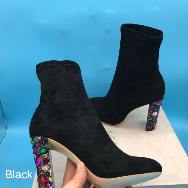 Faux Suede Women High Heel Boots Crystal Heel Design Mid Cut Ankle Boots Colourful Diamond Heel - LiveTrendsX