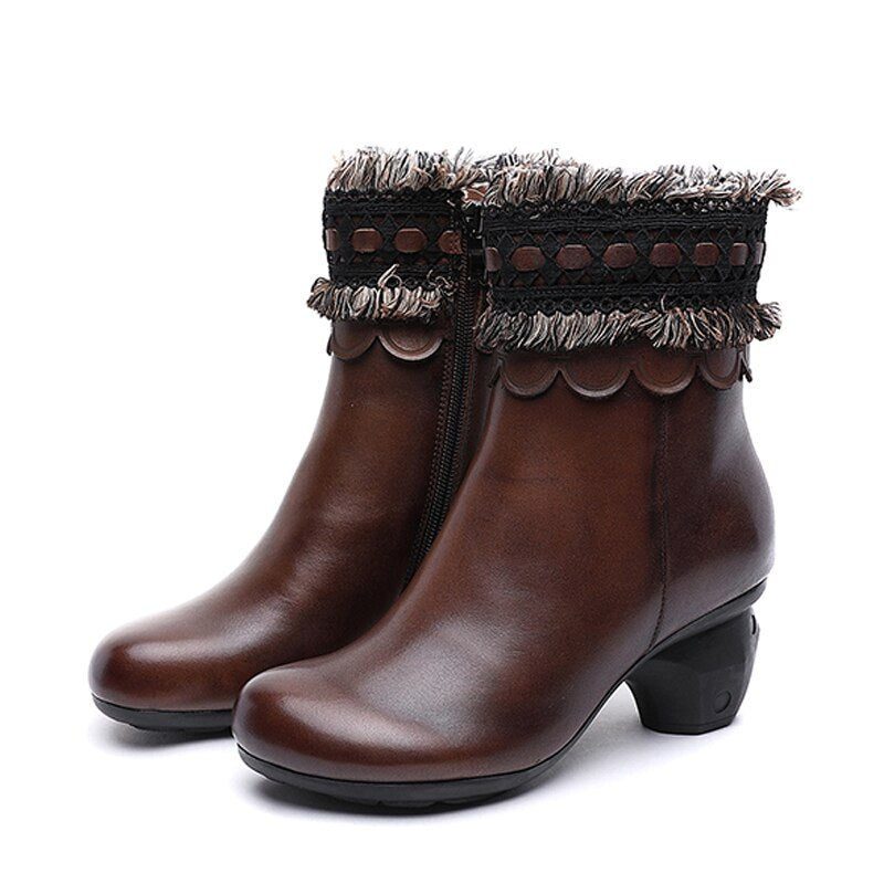 original genuine leather women's boots first layer of leather  autumn and winter new high-heeled mi - LiveTrendsX