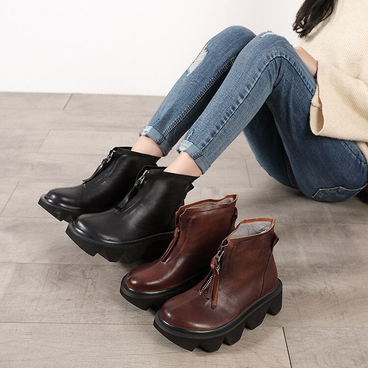 top quality leather women's boots  autumn and winter new thick-bottomed round head boots cowhide Martin boots - LiveTrendsX