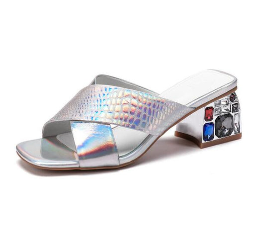 Women Sandals Bright Cow Leather Rhinestone Coarse High Heel Cross Square Open-toed Slingback Ladies Pumps - LiveTrendsX