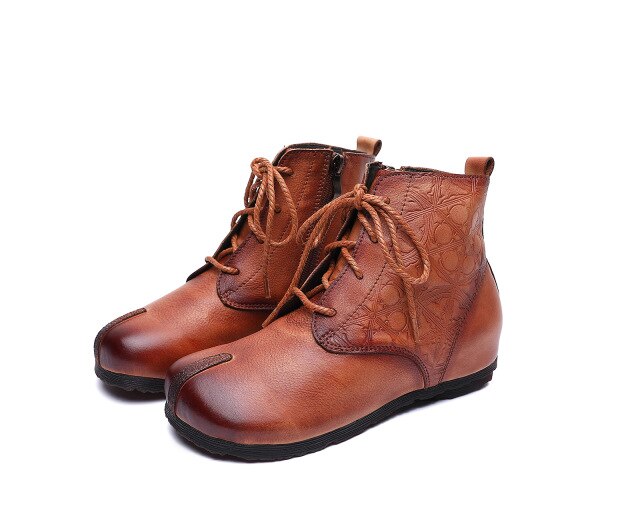 Original retro women's boots leather soft bottom lace-up flat boots hand-washed round head printed leather short boots - LiveTrendsX