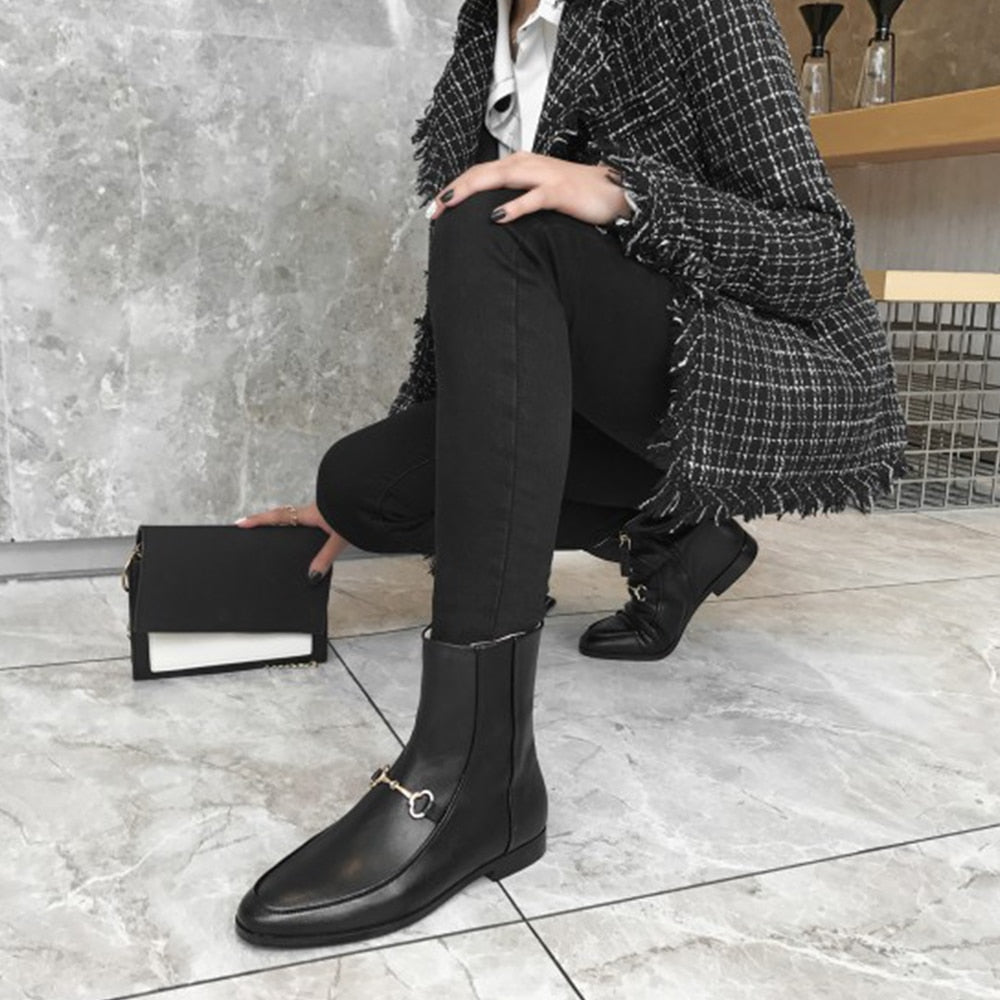 Top Quality Women Ankle Boots Shoes Black Color Genuine Leather winter Chelsea Boots Winter Low Heel Shoes - LiveTrendsX