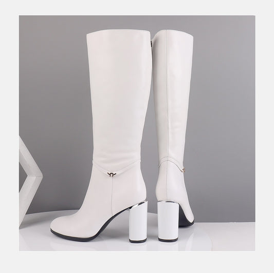 Winter Women's Boots Cow Leather Knee-High Round Toe Fashion High Round Heels Shoes Metal Decoration Zipper Boots BA7 - LiveTrendsX