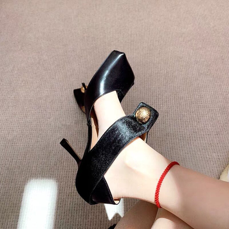 Stylish Square Toe Sandals Metal Buckle Patchwork Genuine Leather Hollow Summer Spring Shoes Stiletto High Heel Top Quality - LiveTrendsX