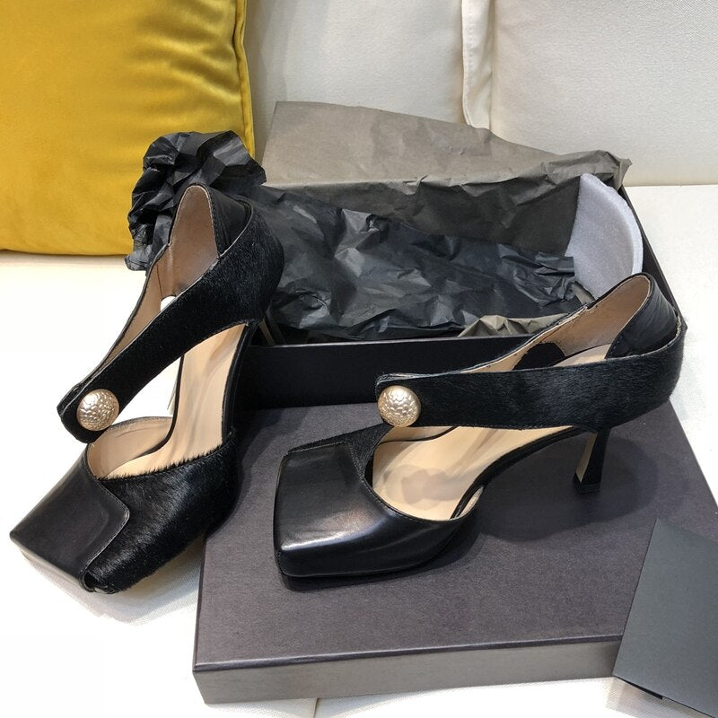Stylish Square Toe Sandals Metal Buckle Patchwork Genuine Leather Hollow Summer Spring Shoes Stiletto High Heel Top Quality - LiveTrendsX