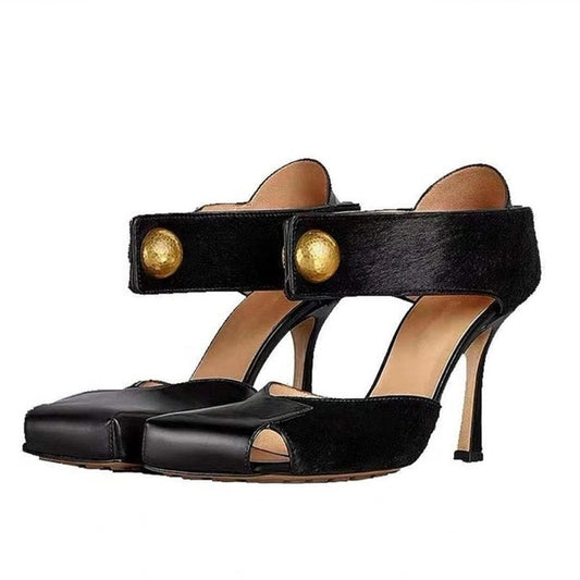 Stylish Square Toe Sandals Metal Buckle Patchwork Genuine Leather Hollow Summer Spring Shoes Stiletto High Heel Top Quality - LiveTrendsX