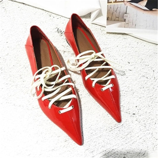 Ladies Black Red Leather Cross-tied Street Casual Style Women Flats Pointed Toe Strappy Shallow Women Shoes Woman - LiveTrendsX