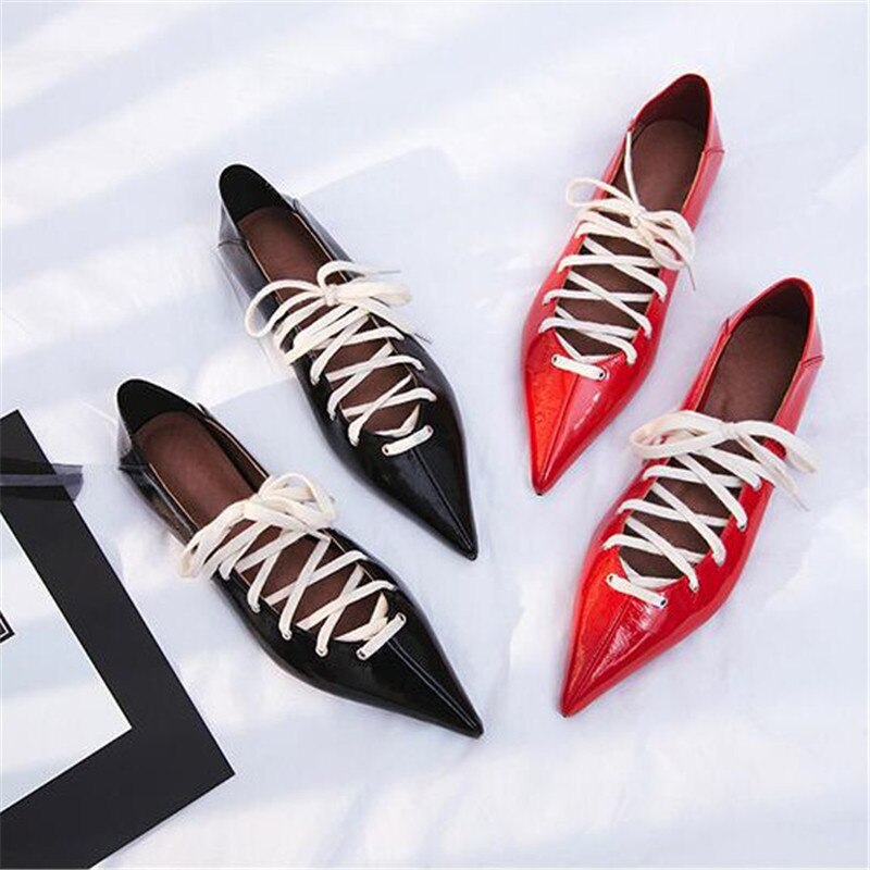 Ladies Black Red Leather Cross-tied Street Casual Style Women Flats Pointed Toe Strappy Shallow Women Shoes Woman - LiveTrendsX