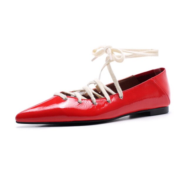 Ladies Black Red Leather Cross-tied Street Casual Style Women Flats Pointed Toe Strappy Shallow Women Shoes Woman - LiveTrendsX