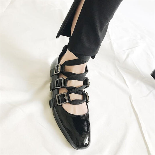 Women Punk Shallow Women Shoes Black Leather Cross-tied Women Flats Square Toe Strappy Belt Buckle Women Shoes - LiveTrendsX