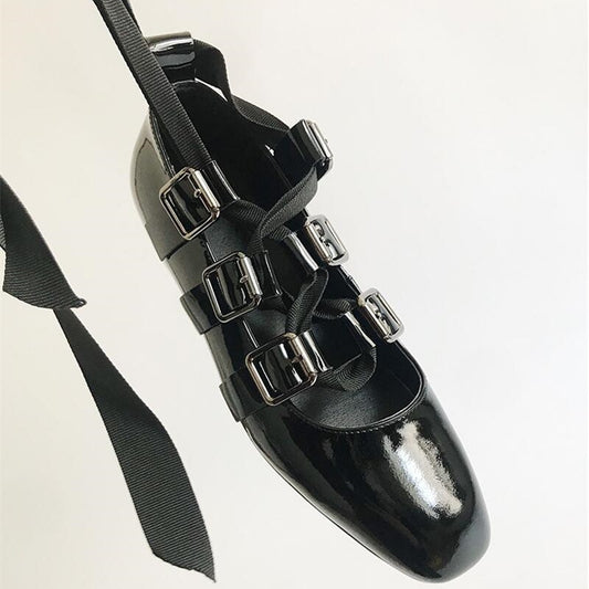 Women Punk Shallow Women Shoes Black Leather Cross-tied Women Flats Square Toe Strappy Belt Buckle Women Shoes - LiveTrendsX