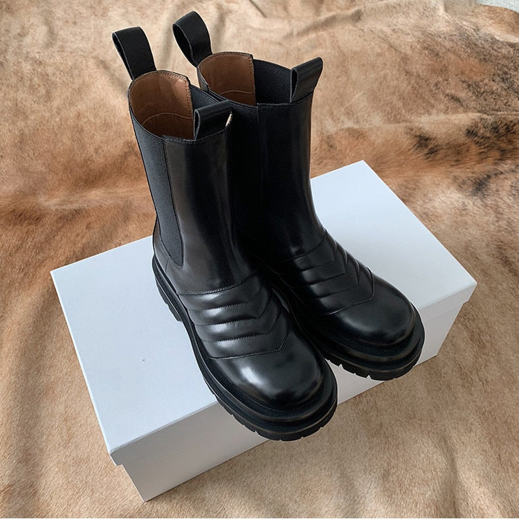 New Arrival Elastic Band Leather Boots Round Toe Flat Chunky Sole Knight Boots Winter Brand Shoes Women Chelsea Boots - LiveTrendsX
