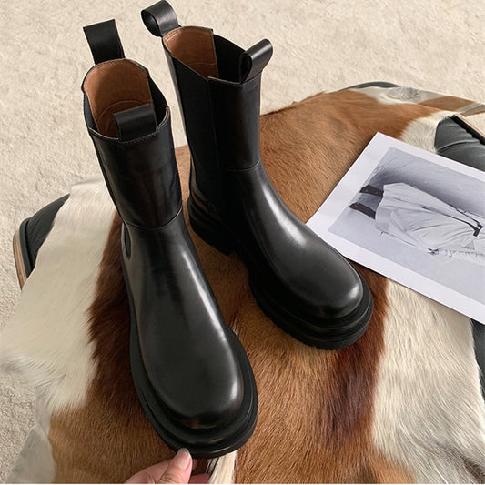 New Arrival Elastic Band Leather Boots Round Toe Flat Chunky Sole Knight Boots Winter Brand Shoes Women Chelsea Boots - LiveTrendsX