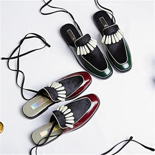 Leather Horsehair Pactkwork Ankle Strappy Sexy Women Sandals Pearl Flat Lace Up Mules Slip-On Women Slipper Shoes - LiveTrendsX