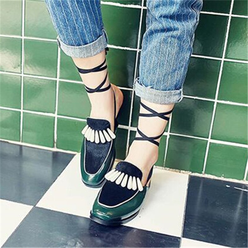 Leather Horsehair Pactkwork Ankle Strappy Sexy Women Sandals Pearl Flat Lace Up Mules Slip-On Women Slipper Shoes - LiveTrendsX