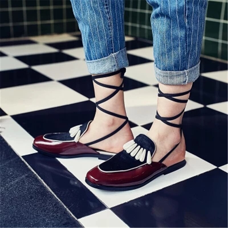 Leather Horsehair Pactkwork Ankle Strappy Sexy Women Sandals Pearl Flat Lace Up Mules Slip-On Women Slipper Shoes - LiveTrendsX