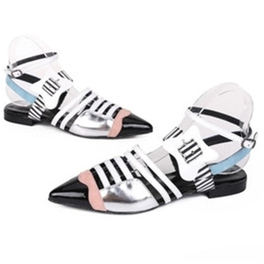 Leather Mixed Color Women Gladiator Sandals Pointed Toe Cut-Outs Buckle Flats Sandals Ladies Party Shoes Woman - LiveTrendsX