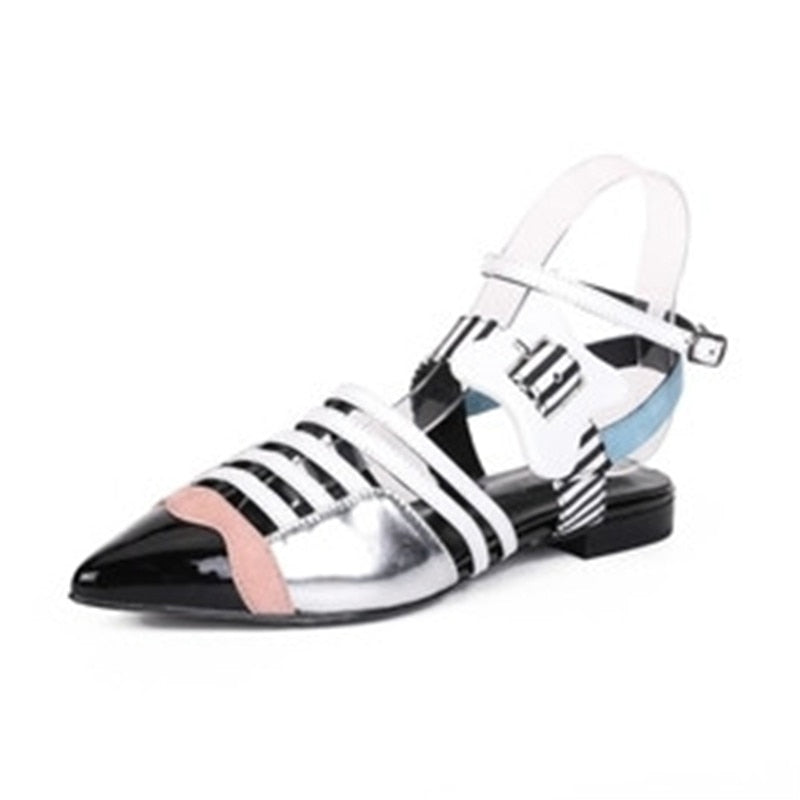 Leather Mixed Color Women Gladiator Sandals Pointed Toe Cut-Outs Buckle Flats Sandals Ladies Party Shoes Woman - LiveTrendsX