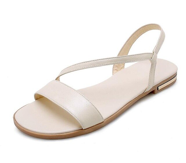 Women Sandals Flat Heel Champagne Cow Leather+PU Round Open-toed Soft-soled Anti-skid Shoes Summer - LiveTrendsX