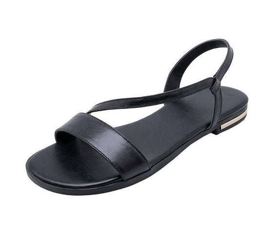 Women Sandals Flat Heel Champagne Cow Leather+PU Round Open-toed Soft-soled Anti-skid Shoes Summer - LiveTrendsX