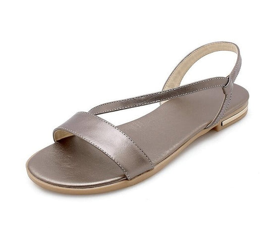 Women Sandals Flat Heel Champagne Cow Leather+PU Round Open-toed Soft-soled Anti-skid Shoes Summer - LiveTrendsX