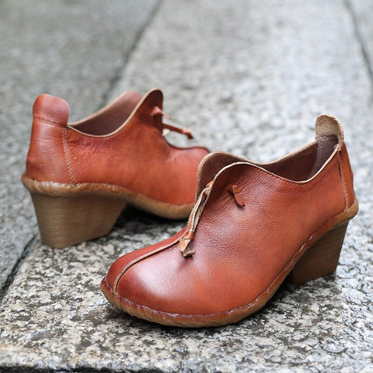 original autumn new single top layer leather comfortable high heel ankle boots retro personality deep women - LiveTrendsX