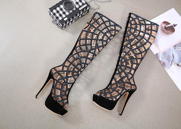 fashion women Hollowed-out rhinestone boots with heels above the knee - LiveTrendsX