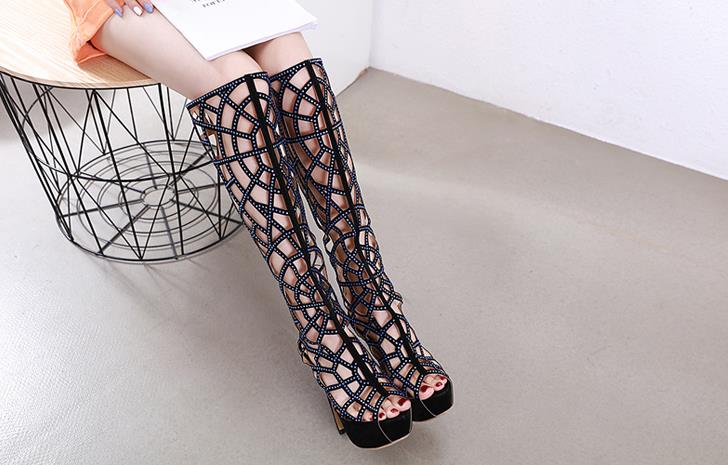 fashion women Hollowed-out rhinestone boots with heels above the knee - LiveTrendsX