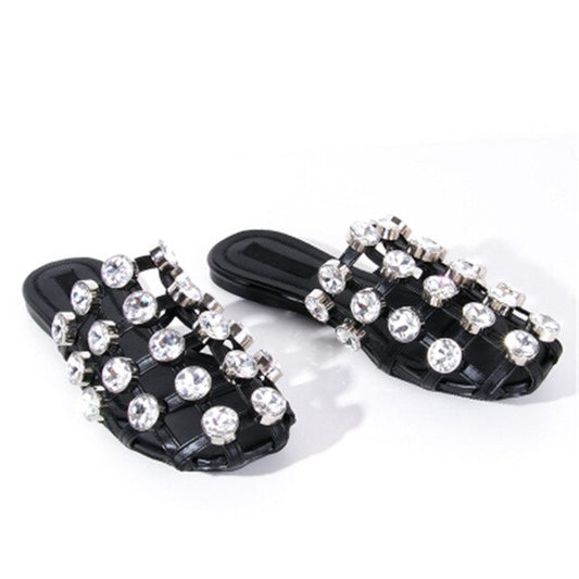 KF Amelia Mules Summer Shoes Woman Leather Slippers Hollow Crystal Slides Designer Beach Ladies Beading Sandals Zapatos De Mujer - LiveTrendsX