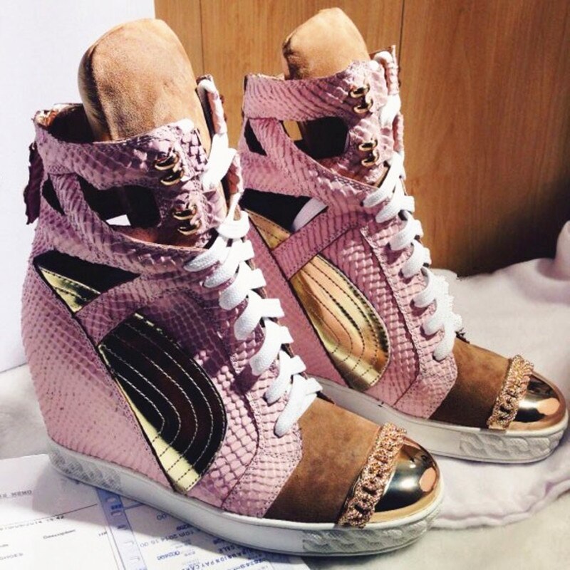 Patchwork Height Increasining Women Casual Shoes Wedges Sneakers Genuine Leather Metal Toe Pink Lace Up Platform Shoes Women - LiveTrendsX