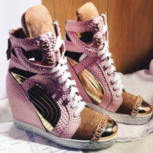 Patchwork Height Increasining Women Casual Shoes Wedges Sneakers Genuine Leather Metal Toe Pink Lace Up Platform Shoes Women - LiveTrendsX