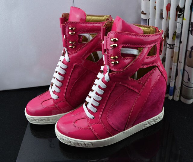 Patchwork Height Increasining Women Casual Shoes Wedges Sneakers Genuine Leather Metal Toe Pink Lace Up Platform Shoes Women - LiveTrendsX