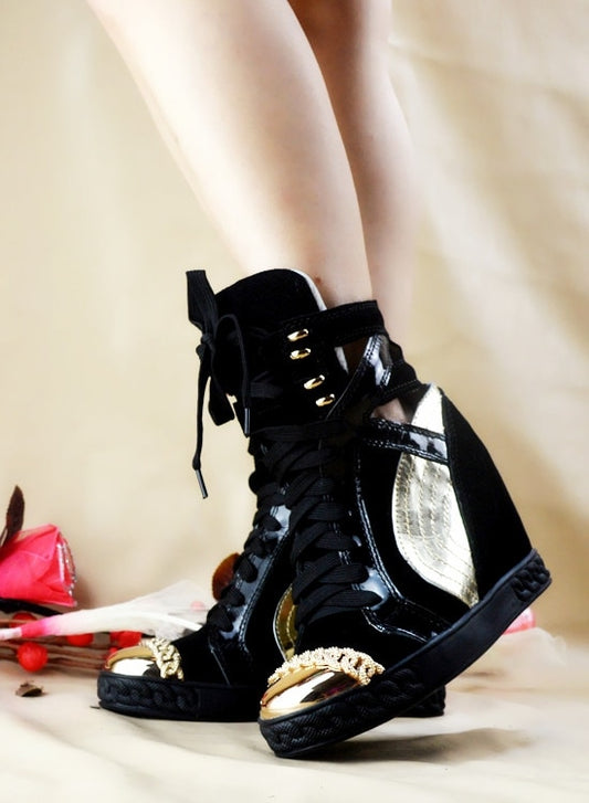 Patchwork Height Increasining Women Casual Shoes Wedges Sneakers Genuine Leather Metal Toe Pink Lace Up Platform Shoes Women - LiveTrendsX