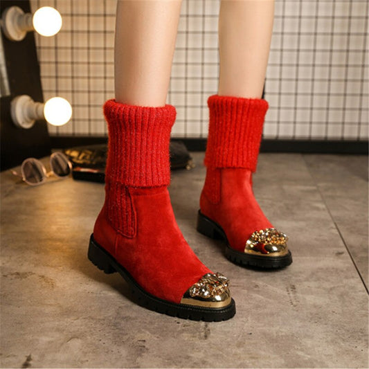 Hot Suede Leather Stretch knitting Women Winter Boots Metal Toe Crystal Embellished Sock Women Boots Shoes Woman - LiveTrendsX