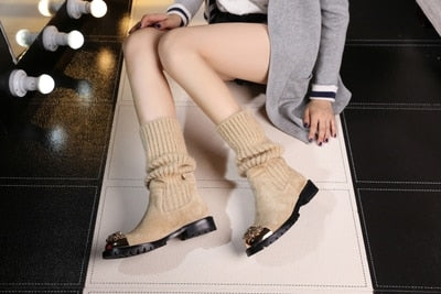Hot Suede Leather Stretch knitting Women Winter Boots Metal Toe Crystal Embellished Sock Women Boots Shoes Woman - LiveTrendsX
