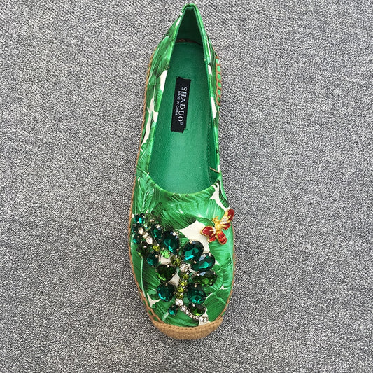 women genuine leather Banana print rhinestone casual shoes flat fisherman shoes loafers - LiveTrendsX