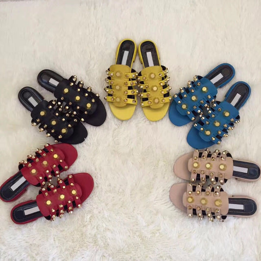 Fashion Golden Studs Ladies Slip On Slippers Blue Smooth Leather Women Leather Straps Flat Sandals Summer Hot Dress Shoes - LiveTrendsX