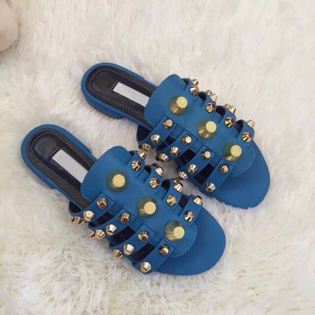 Fashion Golden Studs Ladies Slip On Slippers Blue Smooth Leather Women Leather Straps Flat Sandals Summer Hot Dress Shoes - LiveTrendsX