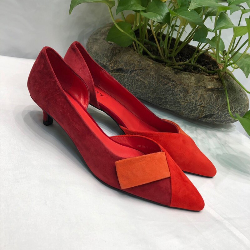 women spring new cow suede red stitching orange red leather high heel shoes shallow mouth women's shoes - LiveTrendsX