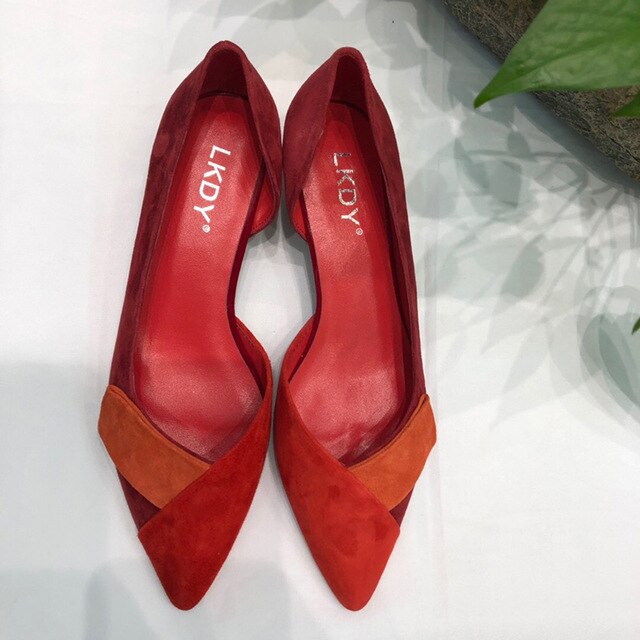 women spring new cow suede red stitching orange red leather high heel shoes shallow mouth women's shoes - LiveTrendsX