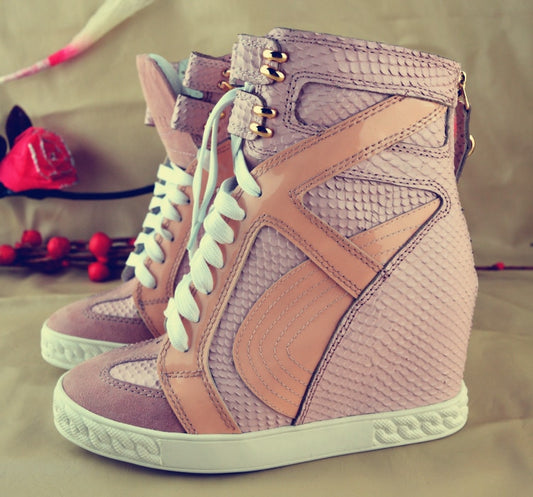 Pink Wedge Sneakers For Women Height Increasing Shoes Woman Lace Up Women Casual Shoes Women Hidden Heels Platform Shoes - LiveTrendsX