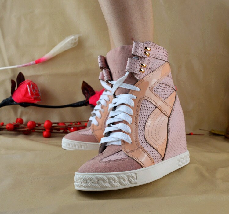 Pink Wedge Sneakers For Women Height Increasing Shoes Woman Lace Up Women Casual Shoes Women Hidden Heels Platform Shoes - LiveTrendsX