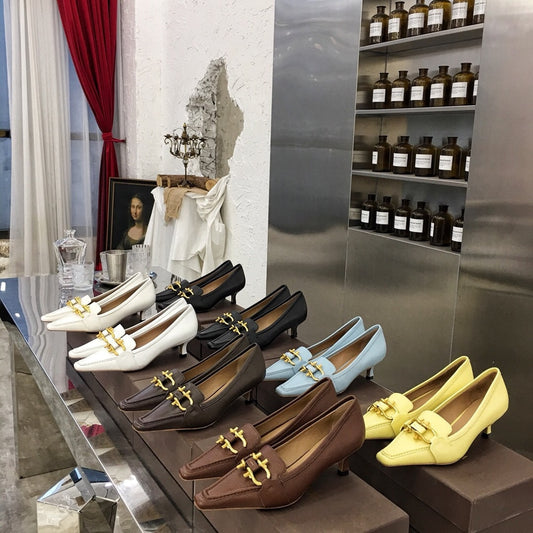 Newest Hot Sale Sexy Elegant Thin Heel Square Pumps Genuine Cow Leather Pumps Metal Decor Pumps Zapatos De Mujer Women Shoes - LiveTrendsX