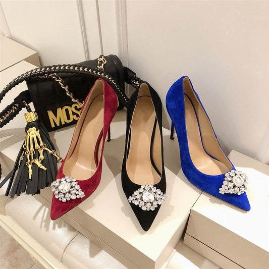 New Spring/Autumn Mature Women's Heels Bling Diamond-bordered Flock Ladies Shoes Genuine Leather Slip-on Shallow Thin Heels - LiveTrendsX