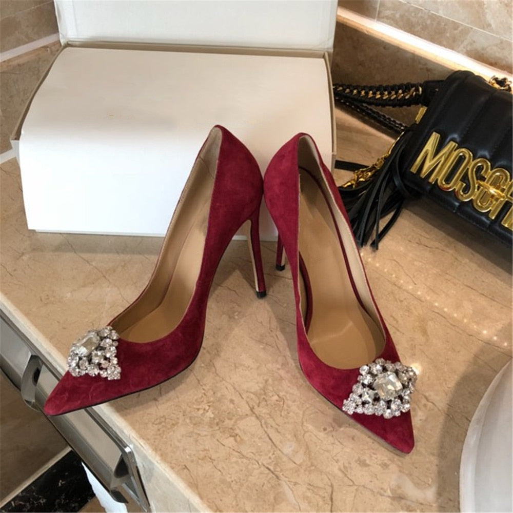 New Spring/Autumn Mature Women's Heels Bling Diamond-bordered Flock Ladies Shoes Genuine Leather Slip-on Shallow Thin Heels - LiveTrendsX