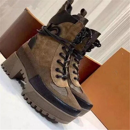 New Ankle Boots Genuine Leather Round Toe Thick Heel Floral Printed Platform Short Boots Autumn Winter Boots Lace Up Shoes Women - LiveTrendsX